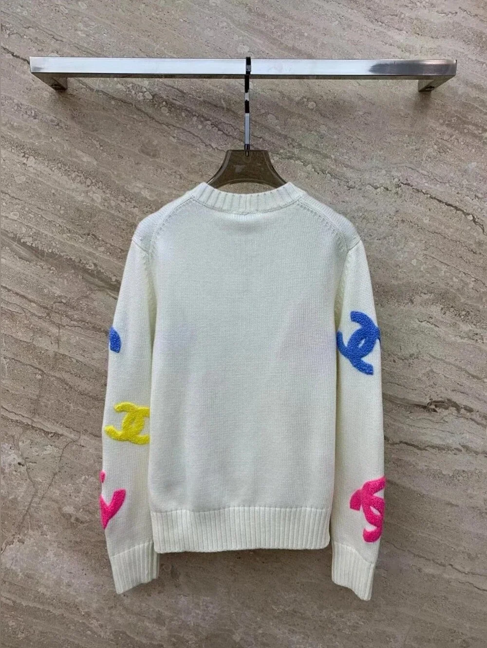 CHANEL with Multicolor Logo Motifs Cream Cardigan Sweater